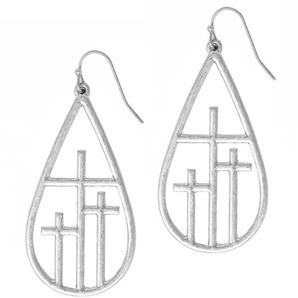 Womens Silver‎ Cross Teardrop Hoop Earrings
